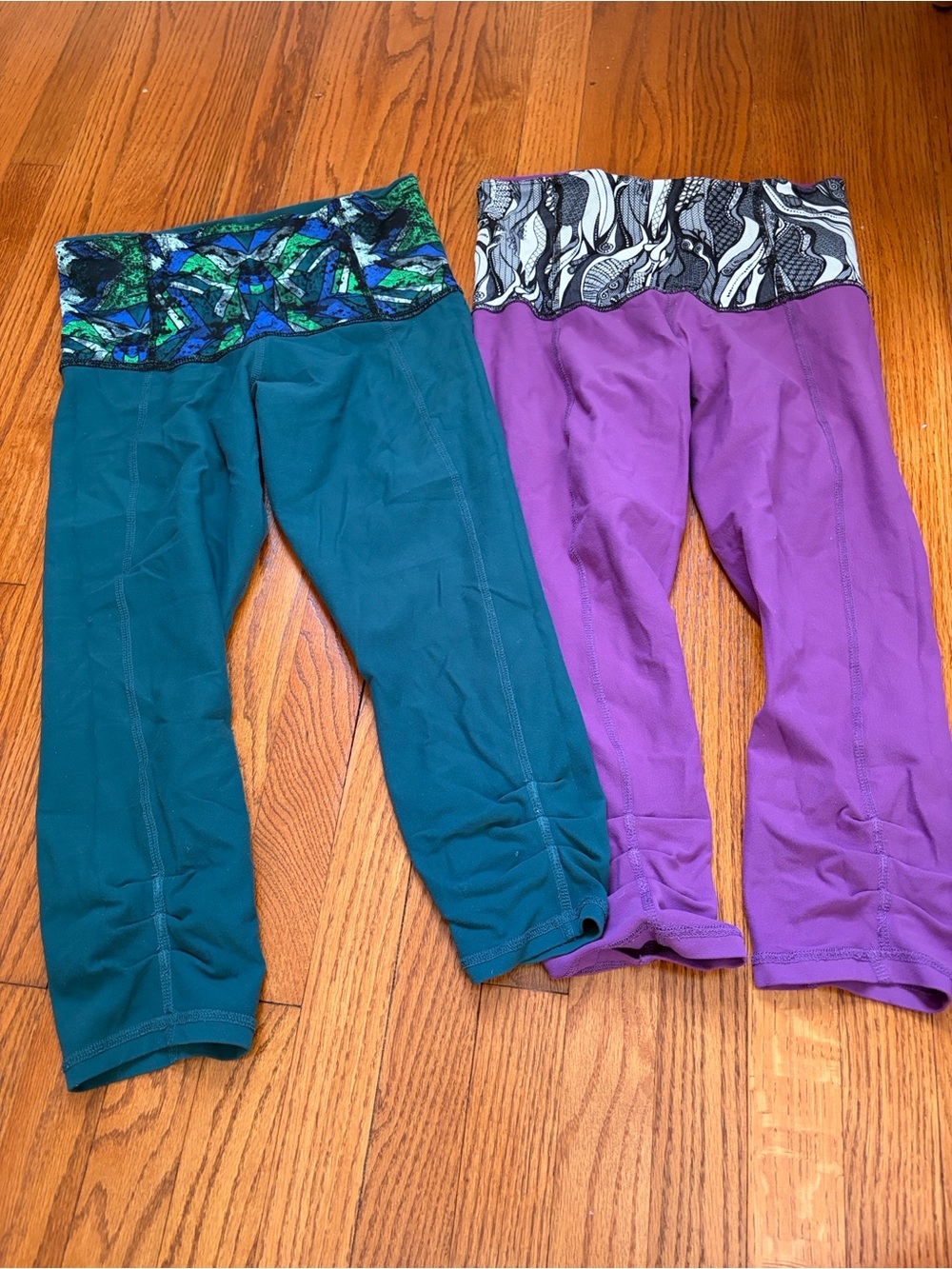 2Karma Dk Green & Purple Capri Leggings with Patterned Waistbands reversible XS